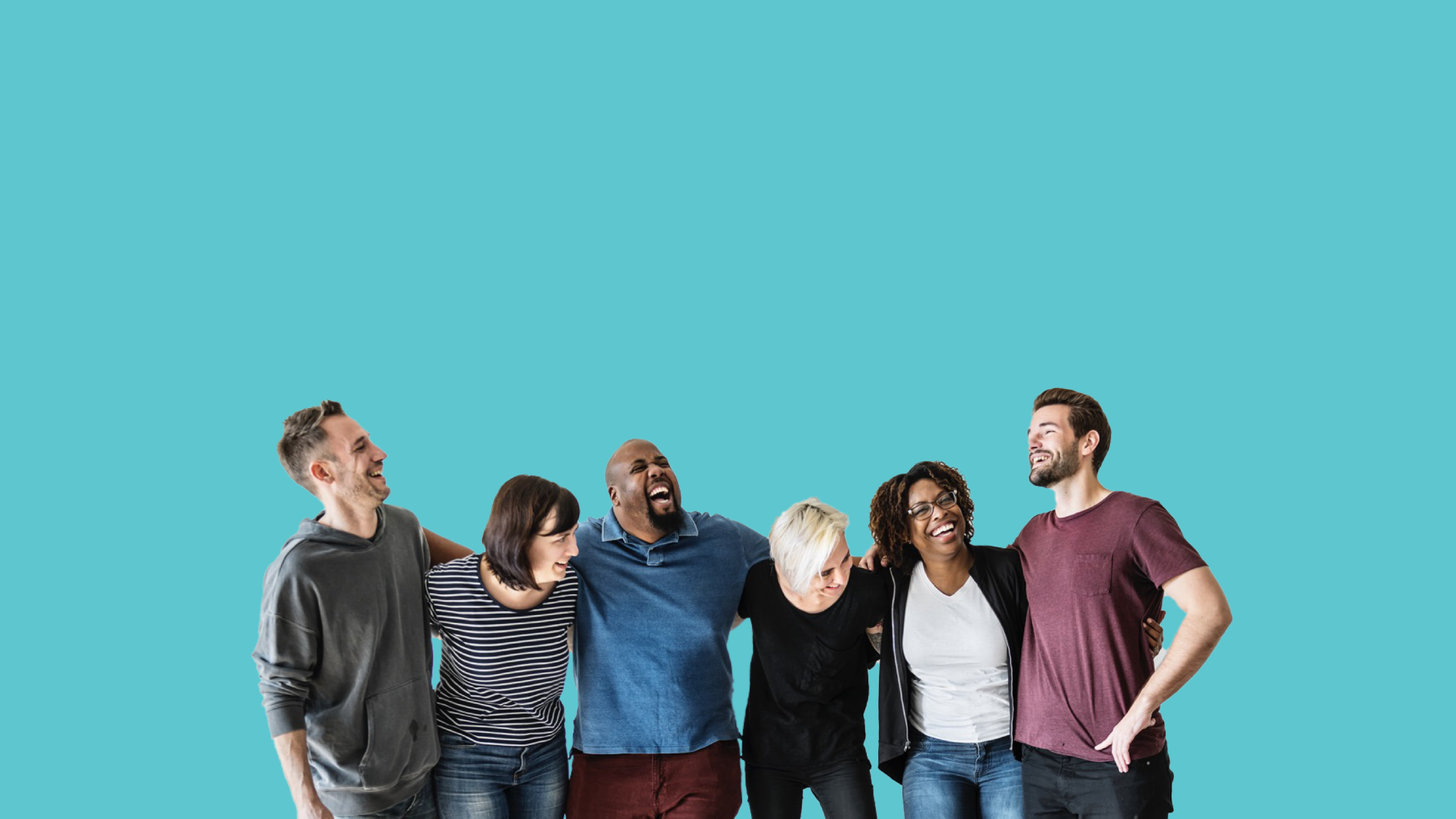 Diverse group of smiling people standing close together against a teal background, symbolizing unity and positivity. Diverse group of smiling people standing close together against a teal background, symbolizing unity and positivity.