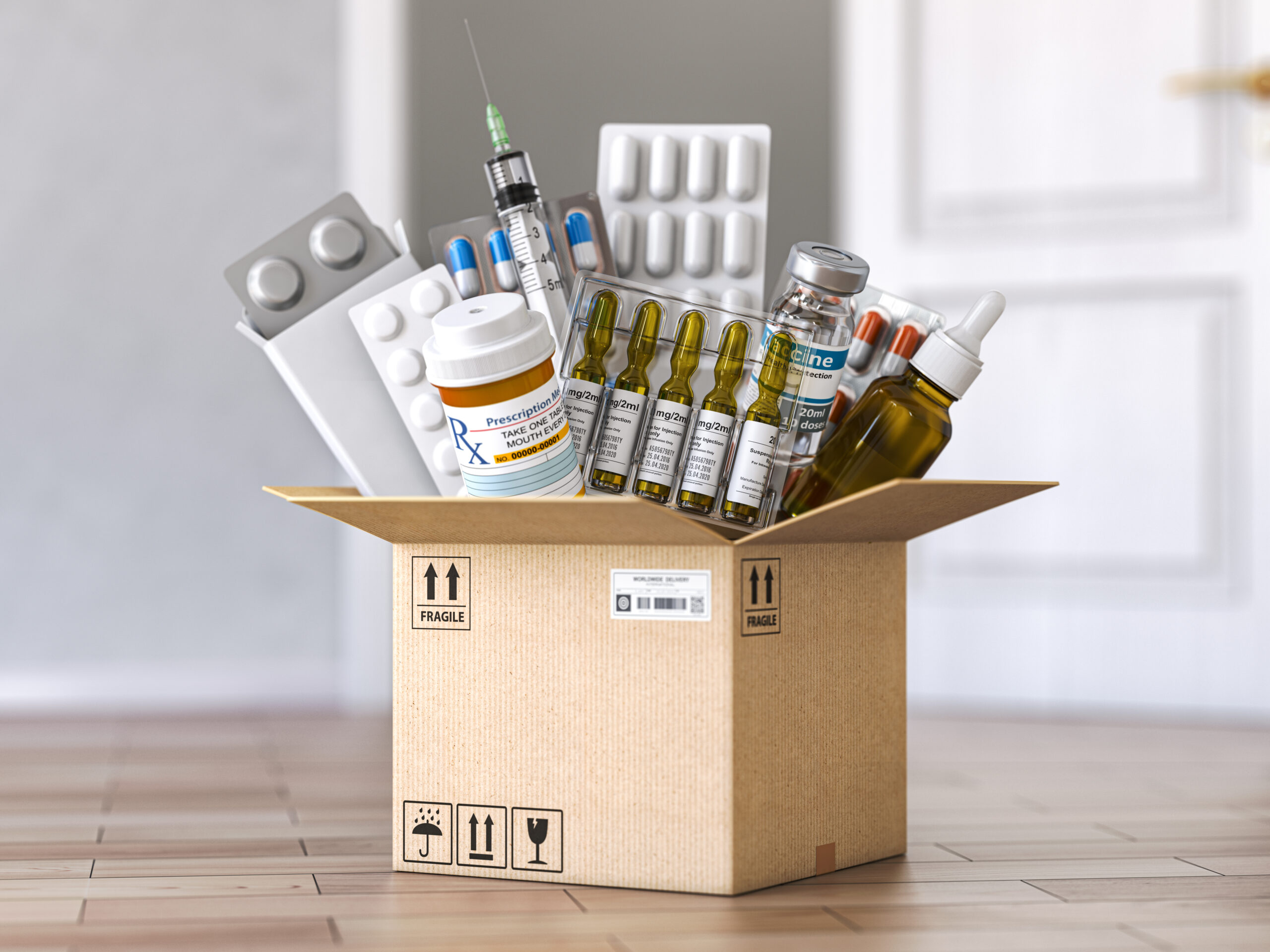 Open cardboard box with medicines and healthcare medication. Buy